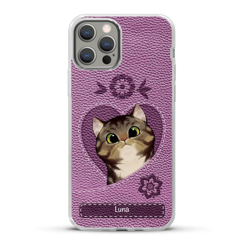 Corazón felino efecto cuero - Funda personalizada