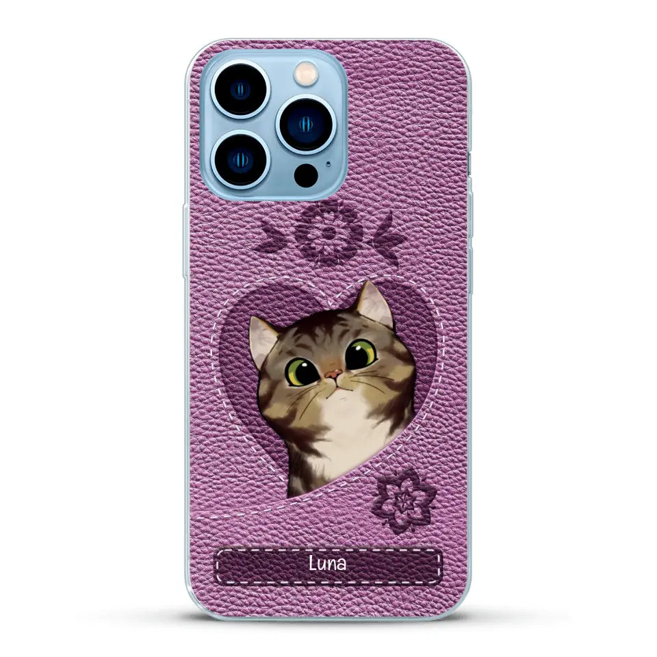 Corazón felino efecto cuero - Funda personalizada