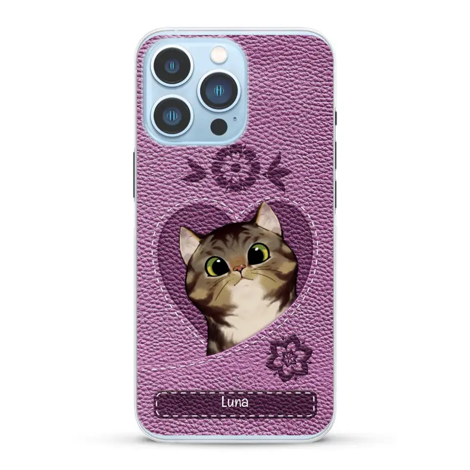 Corazón felino efecto cuero - Funda personalizada