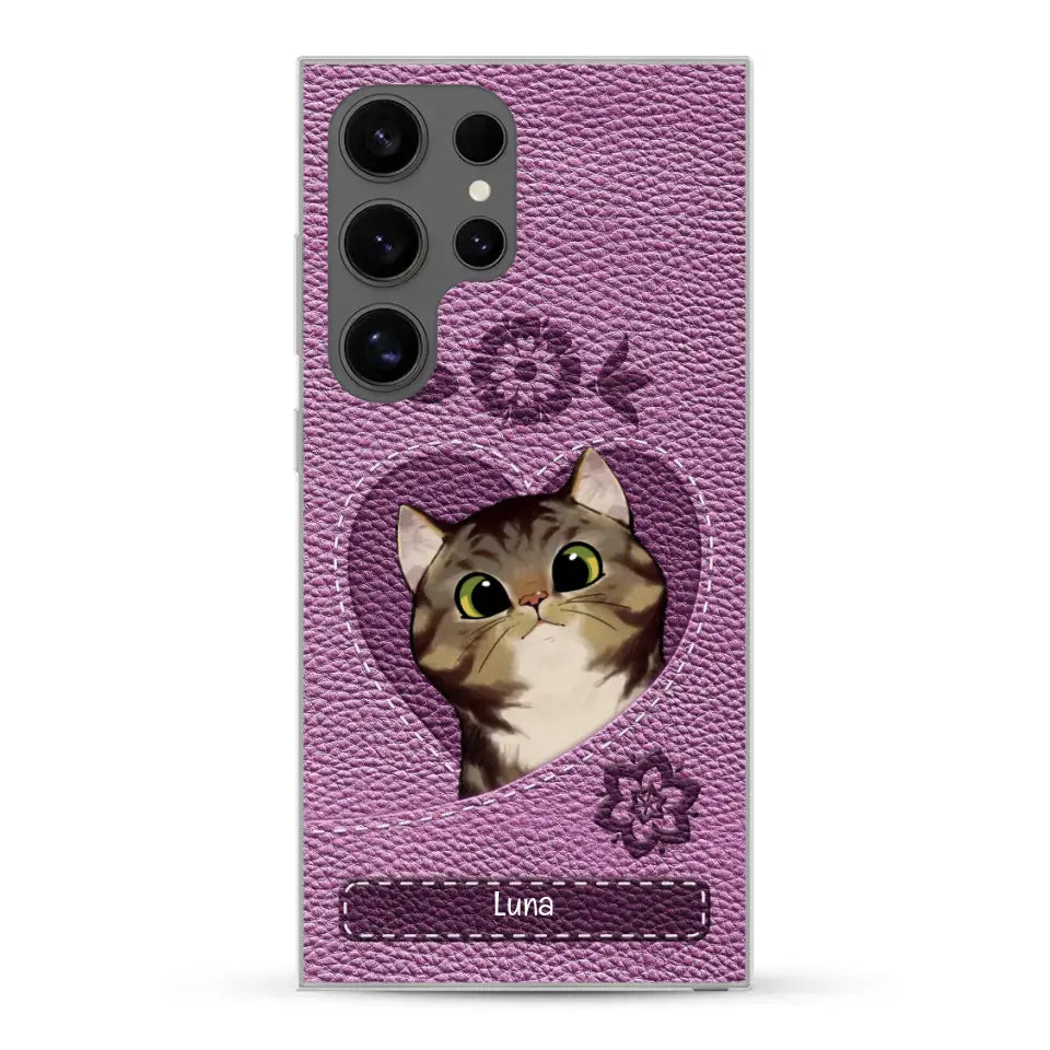 Corazón felino efecto cuero - Funda personalizada