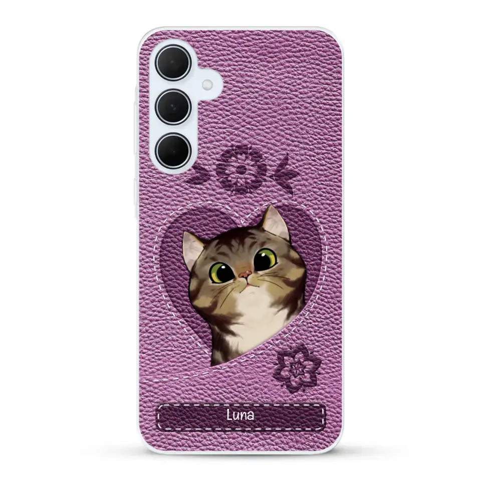 Corazón felino efecto cuero - Funda personalizada