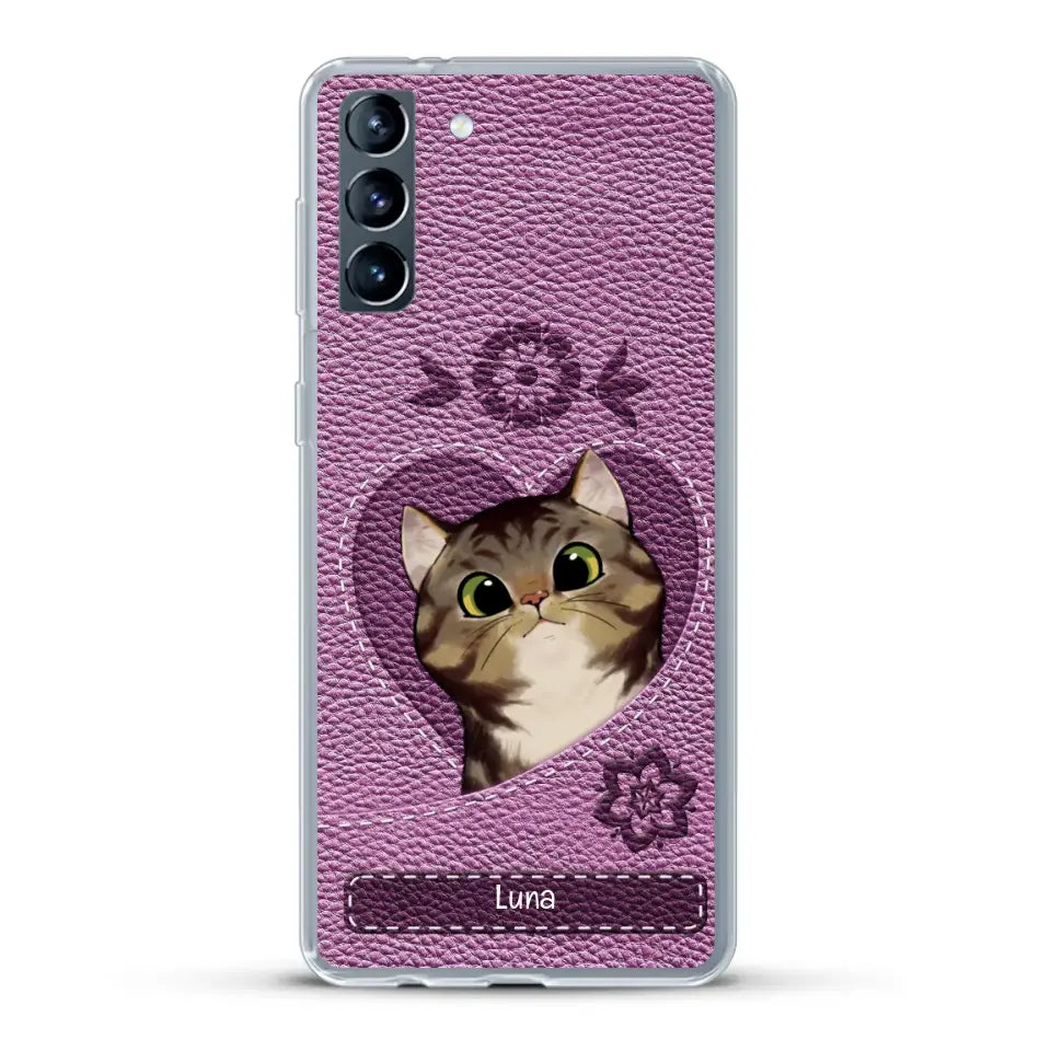 Corazón felino efecto cuero - Funda personalizada