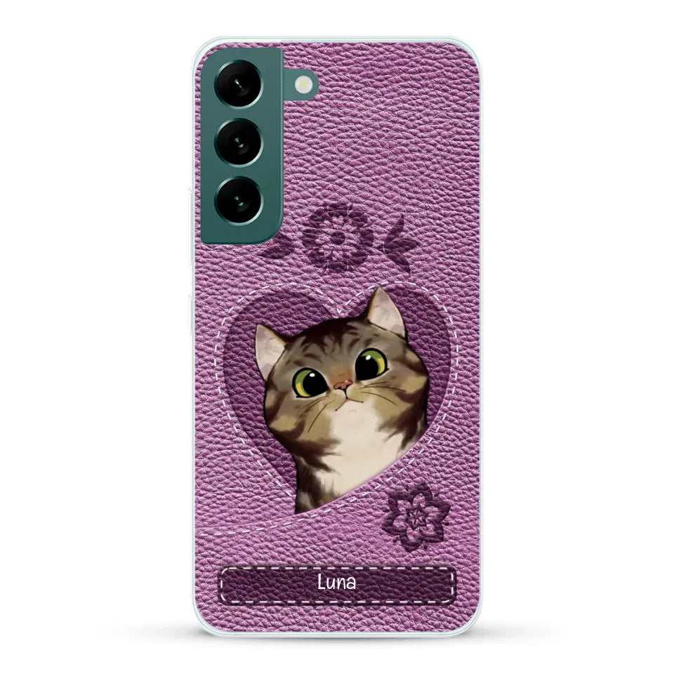 Corazón felino efecto cuero - Funda personalizada