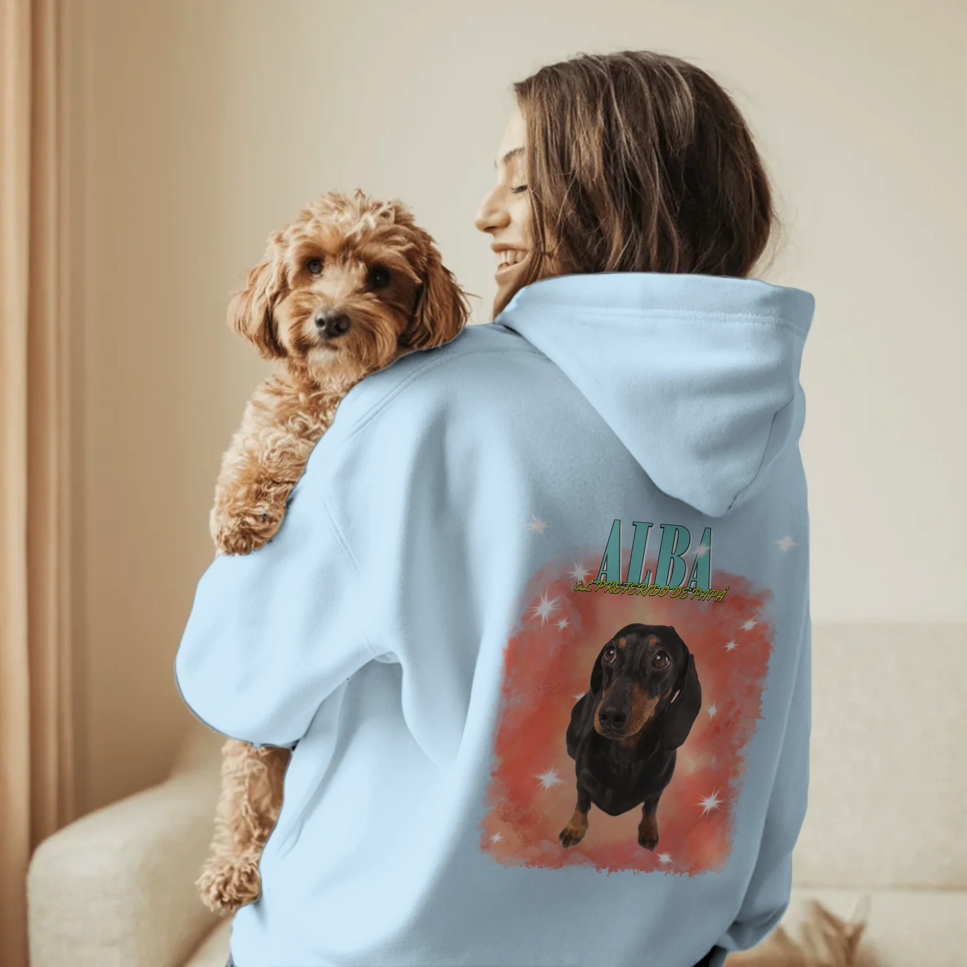 Woman in Living Room Holding Dog - Blue